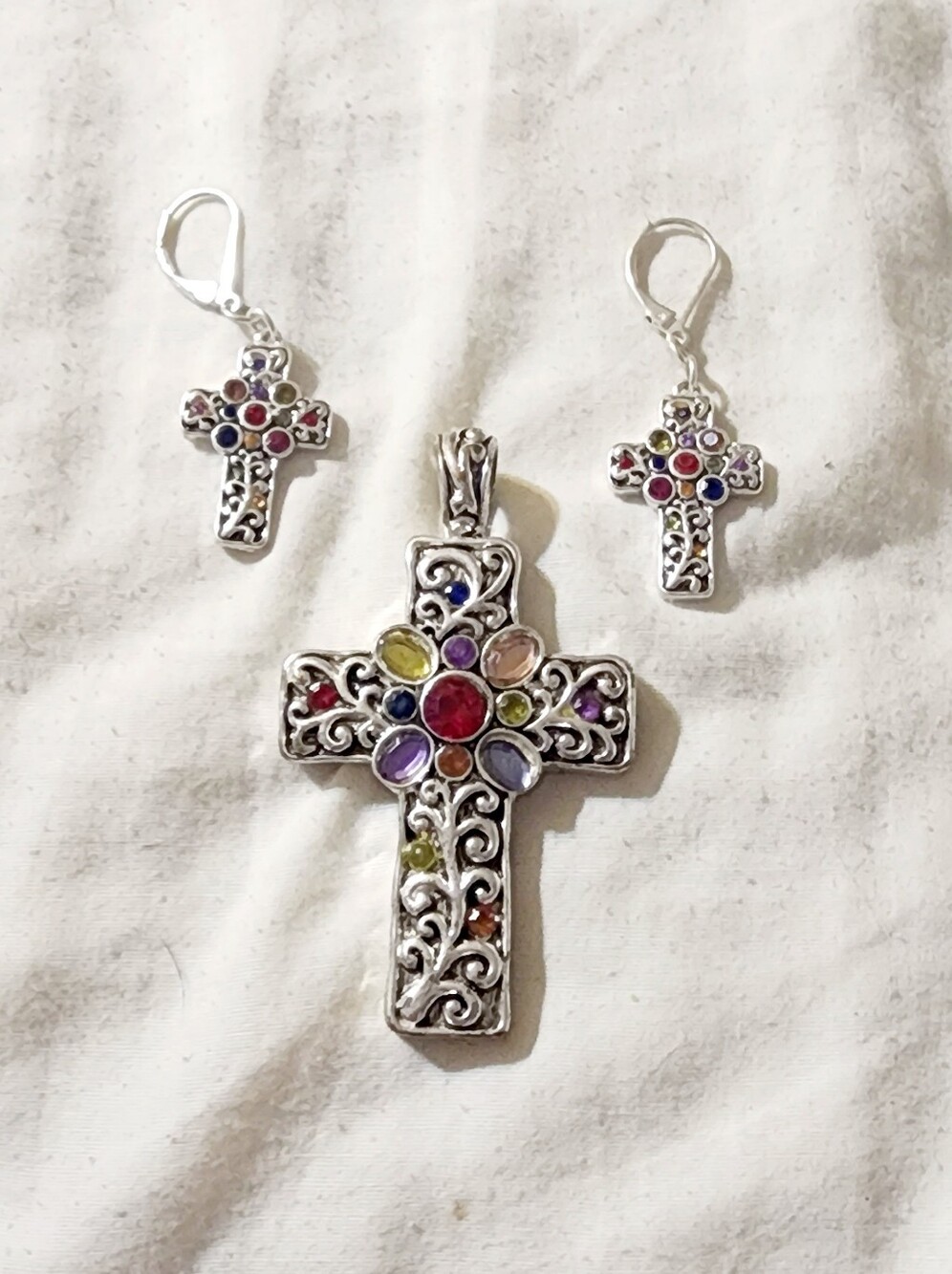 Multi-Color Gemstone Cross Pendant and Earring Set - Silver Tone